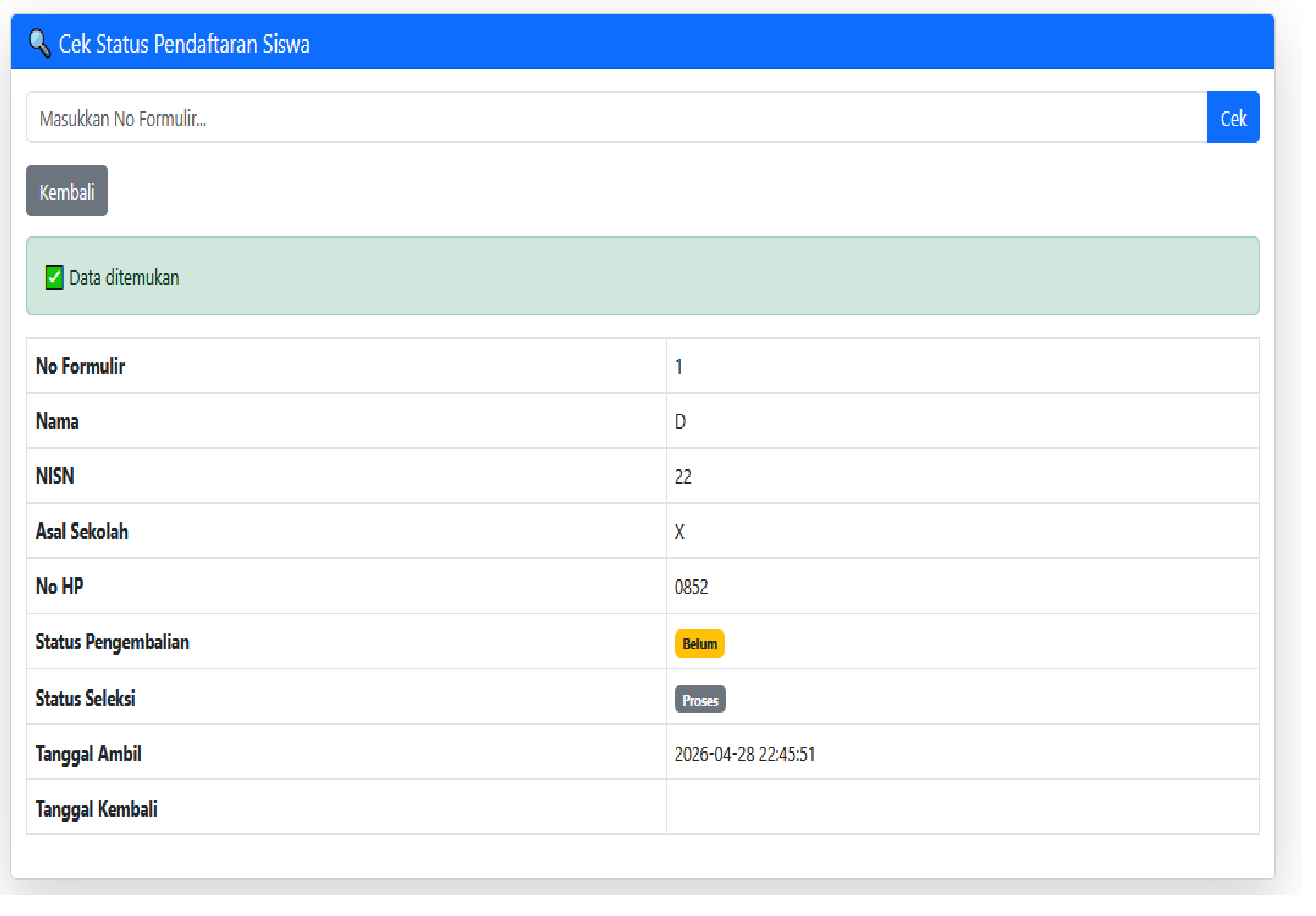 Tampilan Input Sandi